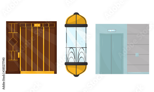 Elevator as Vertical Cable Transportation Machine Vector Set