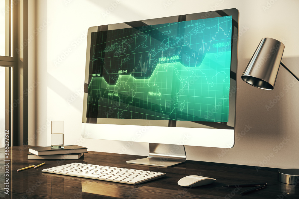 Computer monitor with abstract creative analytics data spreadsheet, analytics and analysis concept. 3D Rendering Computer monitor with abstract creative analytics data spreadsheet, analytics and analysis concept. 3D Rendering