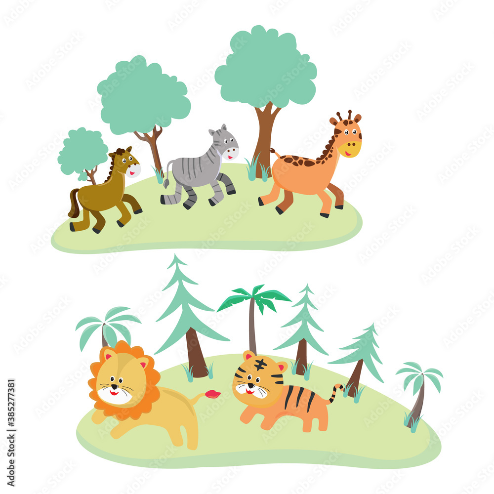 Naklejka premium Zebra, horse, girafee, tiger and lion runing in the field illustration. Creative vector childish background for fabric, textile, nursery wallpaper, poster, card, brochure. Vector illustration.
