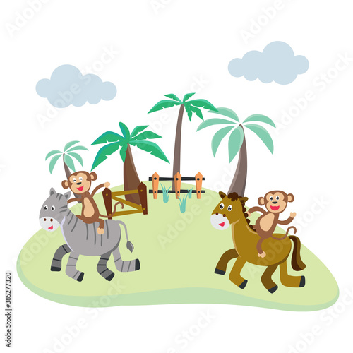 Zebra and horse runing in the field illustration. Creative vector childish background for fabric  textile  nursery wallpaper  poster  card  brochure. Vector illustration.