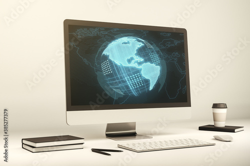 Modern computer monitor with America map, research and strategy concept. 3D Rendering