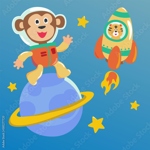 Animal in space. cute funny animals in space suit, futuristic poster with lettering, childrens print cartoon vector backgrounds. Raccoon, dog, tiger and lion, deep space calling © Hijaznahwani