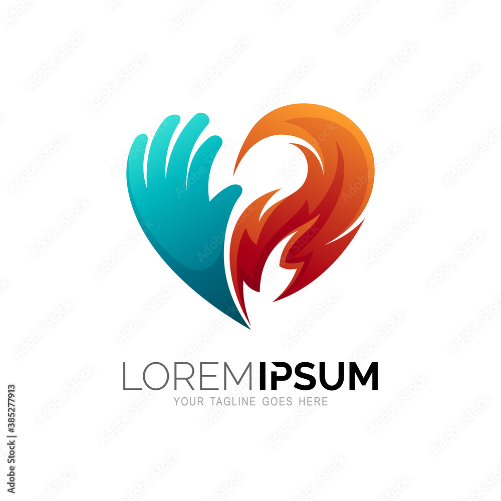 Hands and heart with fire logo. Icon of kindness and charity Hands and heart with fire logo. Icon of kindness and charity