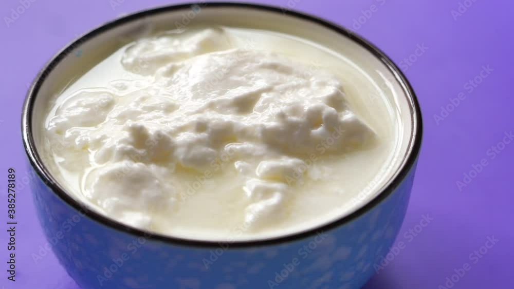 close up of fresh yogurt in a bowl on color background close up of fresh yogurt in a bowl on color background
