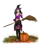 Ad Halloween, una giovane strega carina e sexy parla con il suo corvo. Dipinto