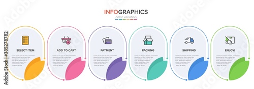 Concept of shopping process with 6 successive steps. Six colorful graphic elements. Timeline design for brochure, presentation, web site. Infographic design layout.
