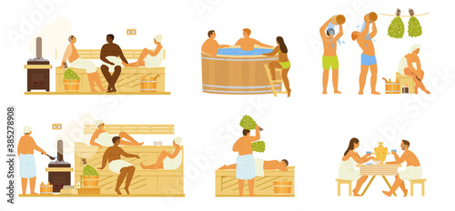 Vector Set Of Different People In Sauna Or Banya Taking Steam Bath, Washing, Drenching With Water, Drinking Tea From Samovar. Healthy Activity. Flat Illustration.