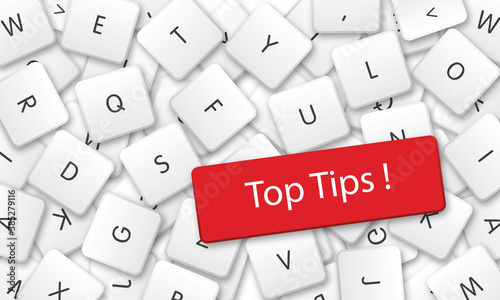 Fotografie Top Tips in white keyboard keys background