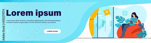 Woman relaxing at home while robot washing window. Female character sitting in armchair while machine cleaning room. Flat vector illustration for robotic cleaner, smart home, automation concept