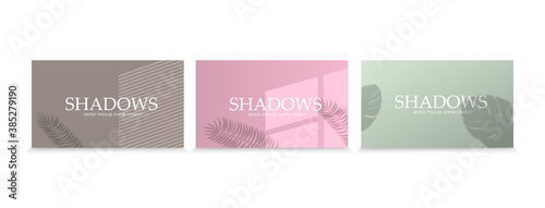 Set of shadow overlay effects. Vector shadow and light overlay effect, natural lighting scene. Mockup of transparent shadow from window, monstera leaves and plants. Realistic light refraction