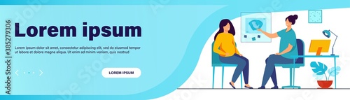 Happy pregnant woman consulting in gynecology office isolated flat vector illustration. Cartoon female patient talking with doctor in hospital. Medicine and pregnancy concept