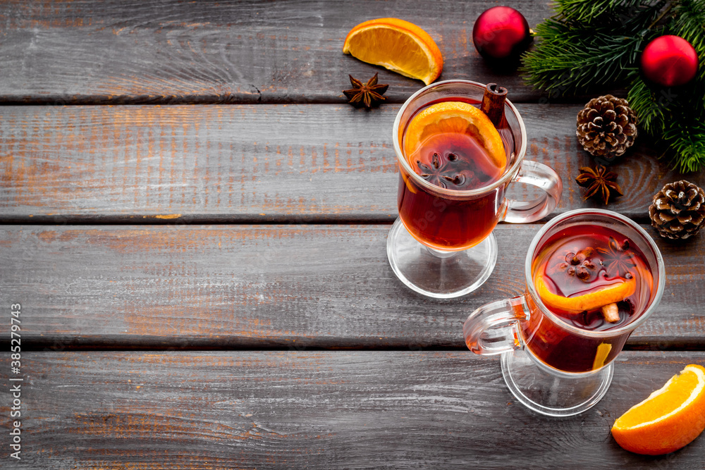 Mulled wine recipe - ingredients for Christmas hot drink in glasses - obrazy, fototapety, plakaty 