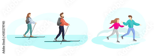 Young couple resting in winter nature set. Man and woman skiing. Boy and girl ice skating. Vacation outdoor activities friends having fun. Vector isolated illustration
