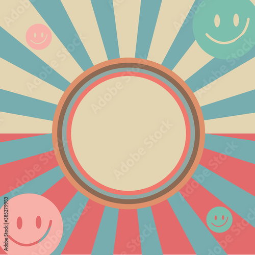 Sunlight retro with radial lines and face smile. colorful background.
