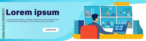 Guard service man sitting at control panel, watching surveillance camera videos on monitors in CCTV control room. Vector illustration for security system worker, spying, supervision concept