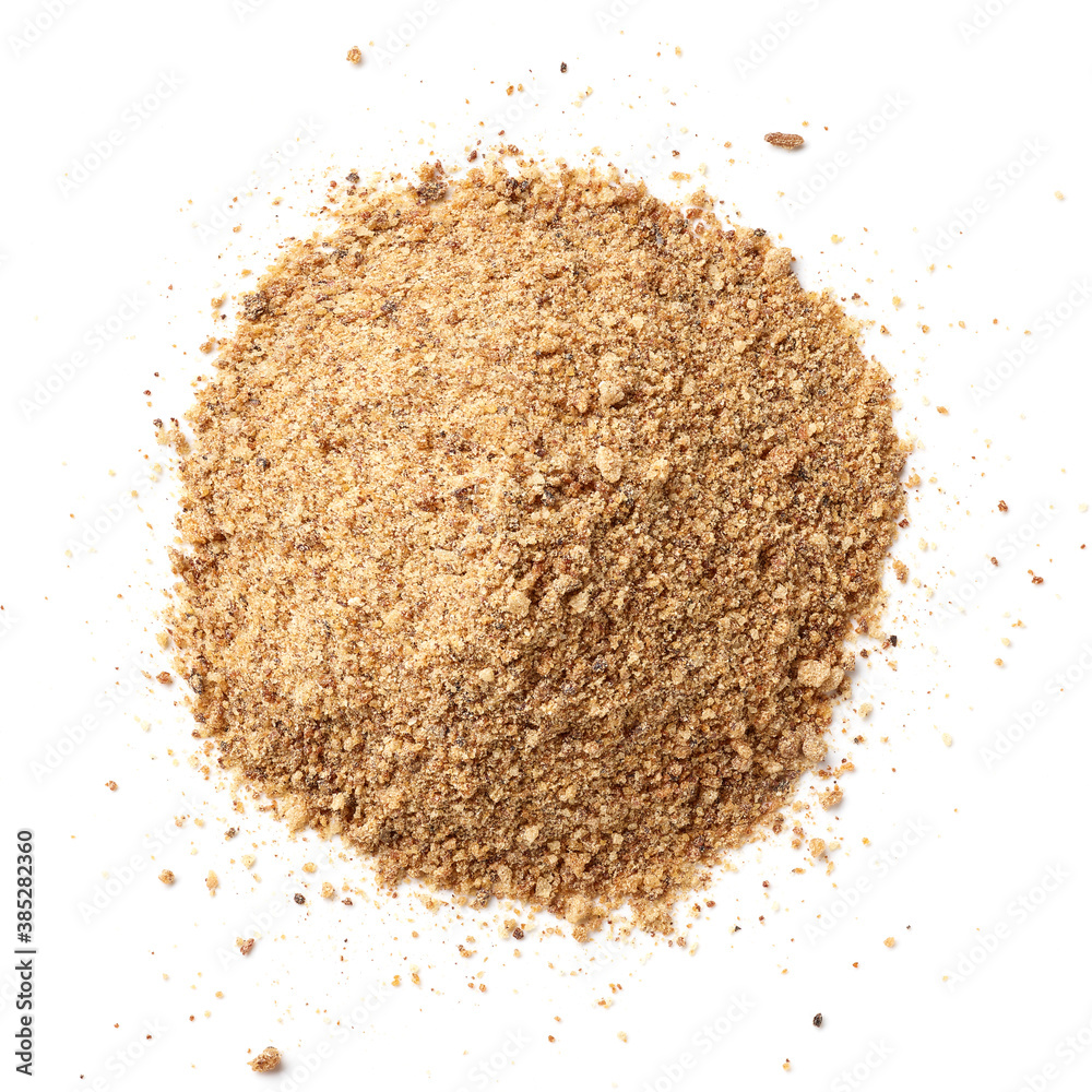 Heap of breadcrumbs isolated on white, from above Heap of breadcrumbs isolated on white, from above