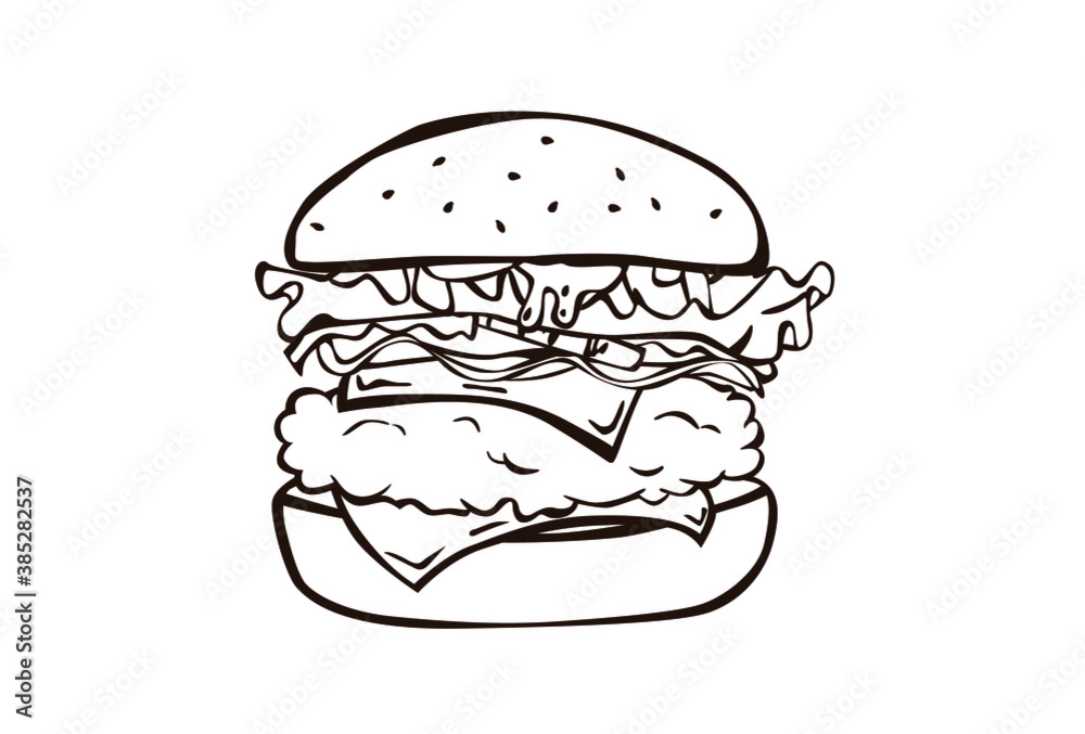 Vector illustration black and white of a delicious hamburger with cutlet, bacon, cucumber, onion and double cheese. Food icon. Fast food. Vector illustration black and white of a delicious hamburger with cutlet, bacon, cucumber, onion and double cheese. Food icon. Fast food.