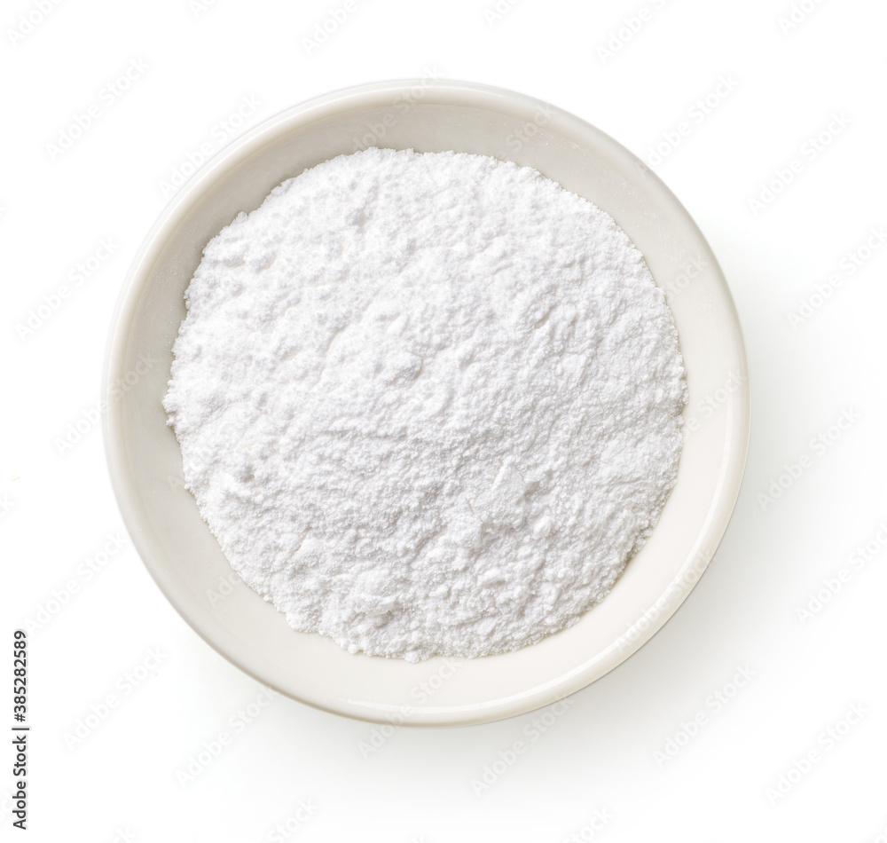 Bowl of baking powder isolated on white, from above - obrazy, fototapety, plakaty 