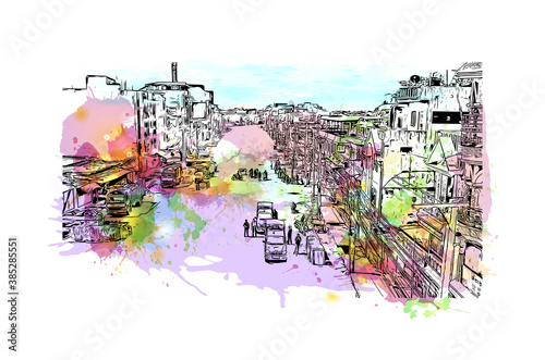 Building view with landmark of Biratnagar is a metropolitan city in Nepal. Watercolor splash with hand drawn sketch illustration in vector.