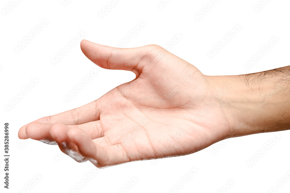 Male caucasian hand reach and ready to help or receive. Gesture isolated on white background. Male caucasian hand reach and ready to help or receive. Gesture isolated on white background.