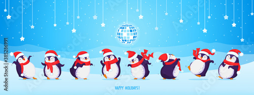 Bundle of cute dancing penguins in Christmas hats and red scarves. Festive background with disco ball, snowflakes, stars and mountains. Vector cartoon hand drawn illustration. Great for banners, print