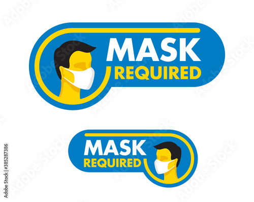 Mask required warning prevention sticker - human profile silhouette with face mask in rounded rectangular frame - isolated vector information picture