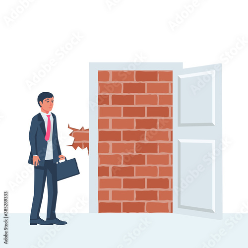 The businessman faces a dead end. End of the road. Vector illustration flat design. Isolated on white background. The concept of overcoming obstacles.