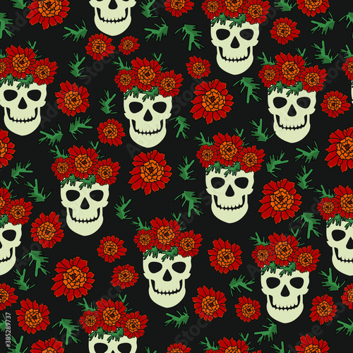 Day of the dead seamless pattern, skull in floral wreath and marigolds on dark gray background, dia de los muertos vector illustration for design and creativity