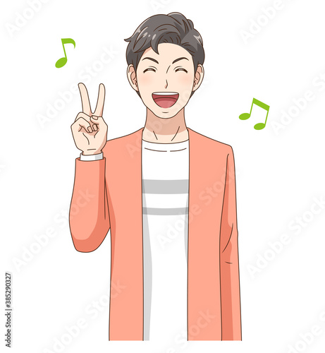 笑顔でVサインする男性