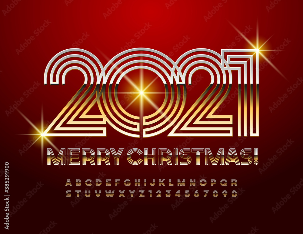 Vector elite greeting card Merry Christmas 2021! Golden maze Font. Premium creative Alphabet Letters and Numbers set