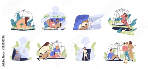 Scenes with people locked and getting out of the cage. Concept of inner prison escape and freedom. Victims in birdcage. Despair person in depression. Flat vector cartoon illustration isolated on white