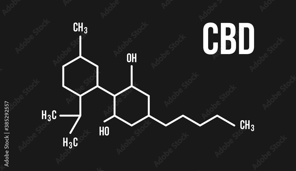 CBD molecular structure illustration. Cannabinol chemistry cannabis formula on black background vector icon