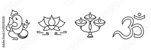 Diwali festival icon set for design element. Including aarti diya, lotus, hindu god celebration line icons.