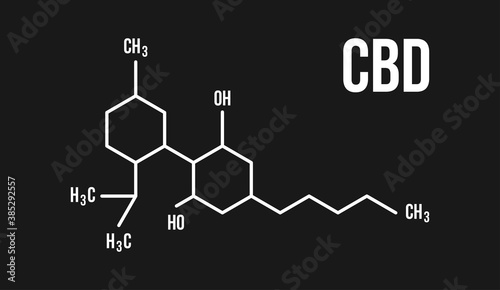 CBD molecular structure illustration. Cannabinol chemistry cannabis formula on black background vector icon