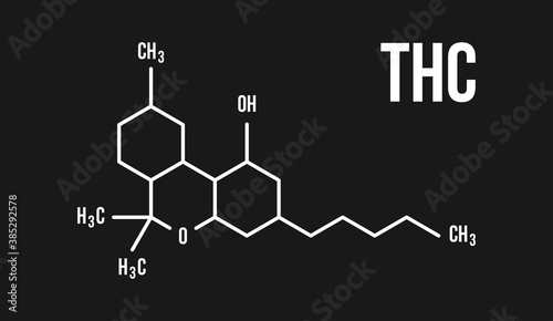 THC molecular structure illustration. Tetrahydrocannabinol chemistry cannabis formula on black background vector icon