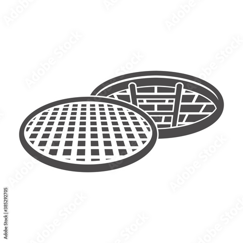 Open sewer manhole icon in flat style.Vector illustration.