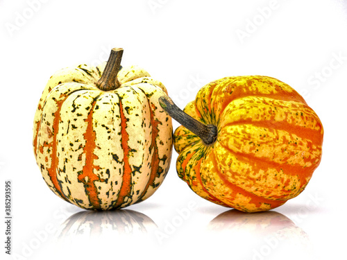 Close-up of a green orange Carnival or Festival pumpkin isolated on a white background. Healthy nutrition.