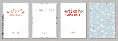 Bold Merry Christmas greeting cards. Universal trendy Winter Holidays art templates. Vector backgrounds.