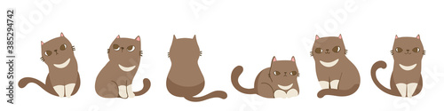 Set of cats in different poses, Isolated on white background. Character design. Vector illustration, Cartoon doodle style.