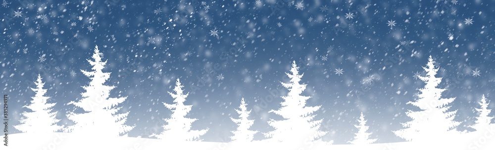 White Snow flake Winter  with bokeh and Christmas tree on blue background in Christmas holidays 2020 ,Banner background	