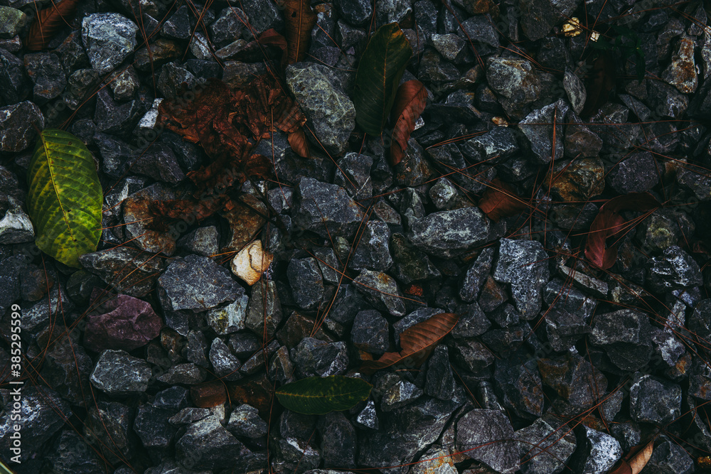 Small pebbles or stone and dry leaf for background. in dark tone.