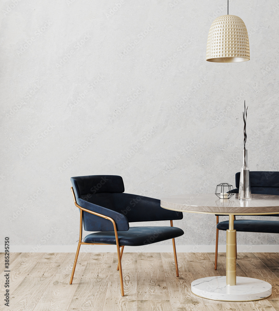 Modern interior design of room with table and dark blue chairs, wooden ...
