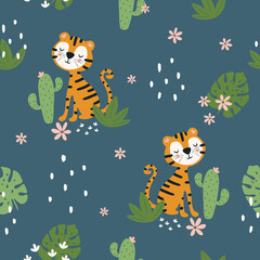 Fototapete Dschungelmuster fürs Kinderzimmer Tiger mit grünen Blättern Kindermuster  © StudioLondon