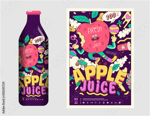 Apple juice poster and label bottle layout. Illustration with outline.