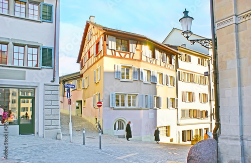 The old townhouses along the hilly street, Zurich, Switzerland photo