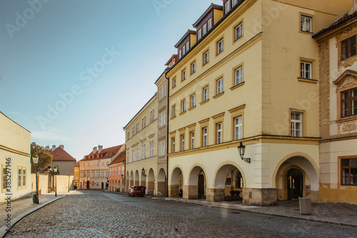 Empty street with colorful houses in Prague,Czech capital. No tourists,no sightseeing during COVID 19 quarantine, September 2020.Historical centre without people.Amazing European cityscape