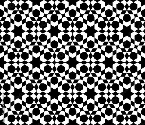 Seamless geometric ornament based on traditional islamic art. White figures on black background.