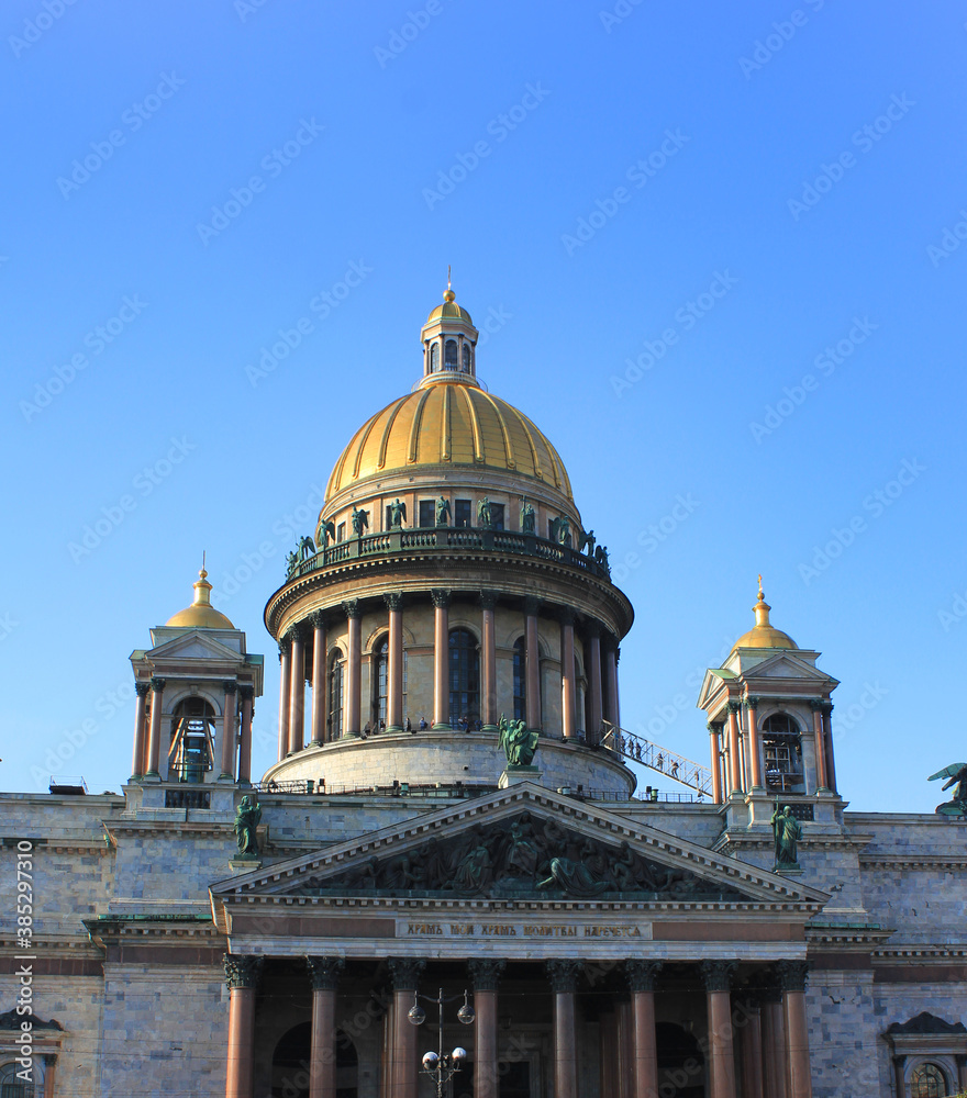 Saint Isaac's cathedral in St Petersburg, Russia. Scenic christian church facade exterior, one of the most famous cathedrals in the world outdoor view