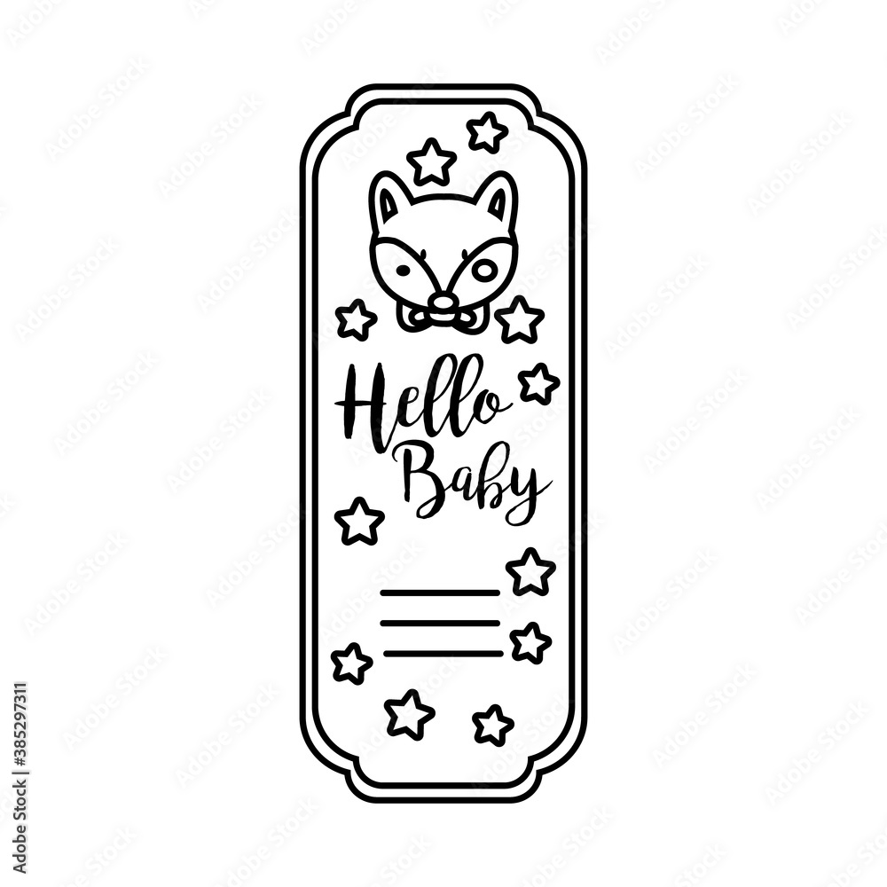 baby shower frame card with fox and hello baby lettering line style