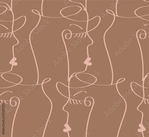 Abstract One Line Drawing Woman Faces Masks Repeating Vector Pattern with Isolated Background